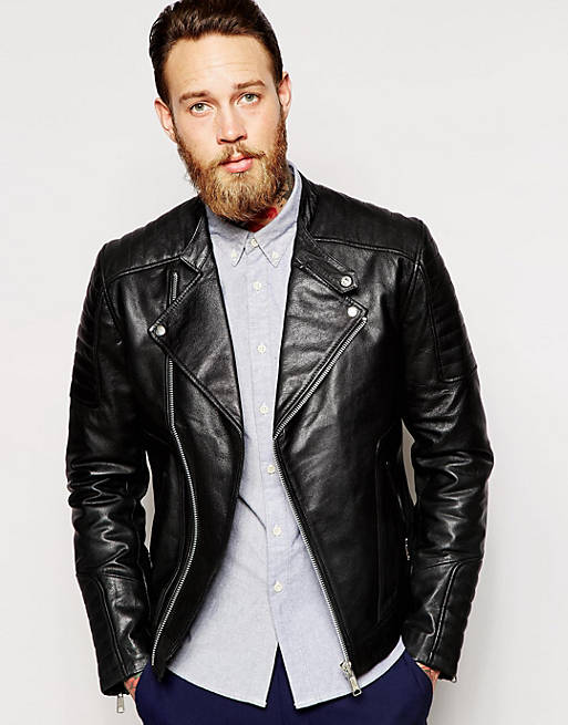 ASOS Leather Biker Jacket With Zip Cuff In Black | ASOS