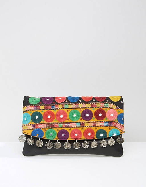 ASOS Leather Embroidered Mirror And Coin Clutch Bag