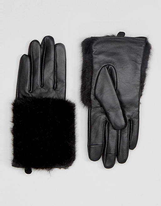 ASOS Leather & Faux Fur Mix Gloves With Touch Screen