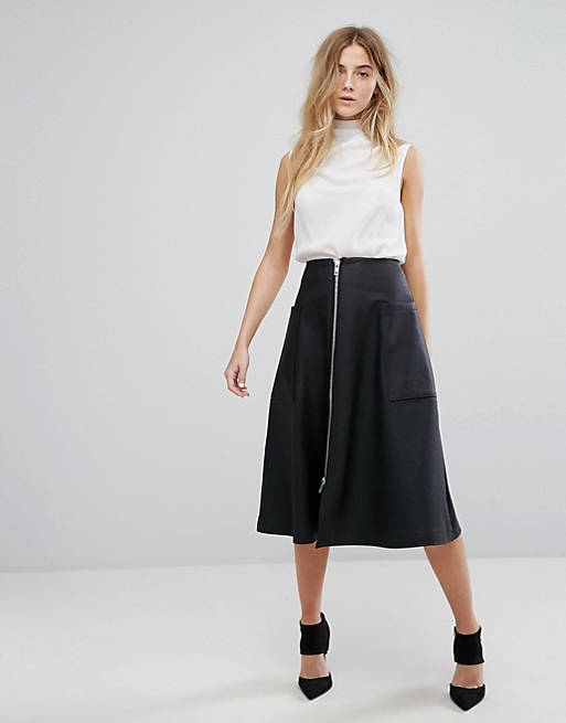 ASOS Leather Look Midi Skirt with Zip and Pockets