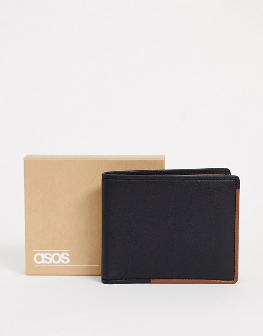 ASOS leather wallet in black with tan internal