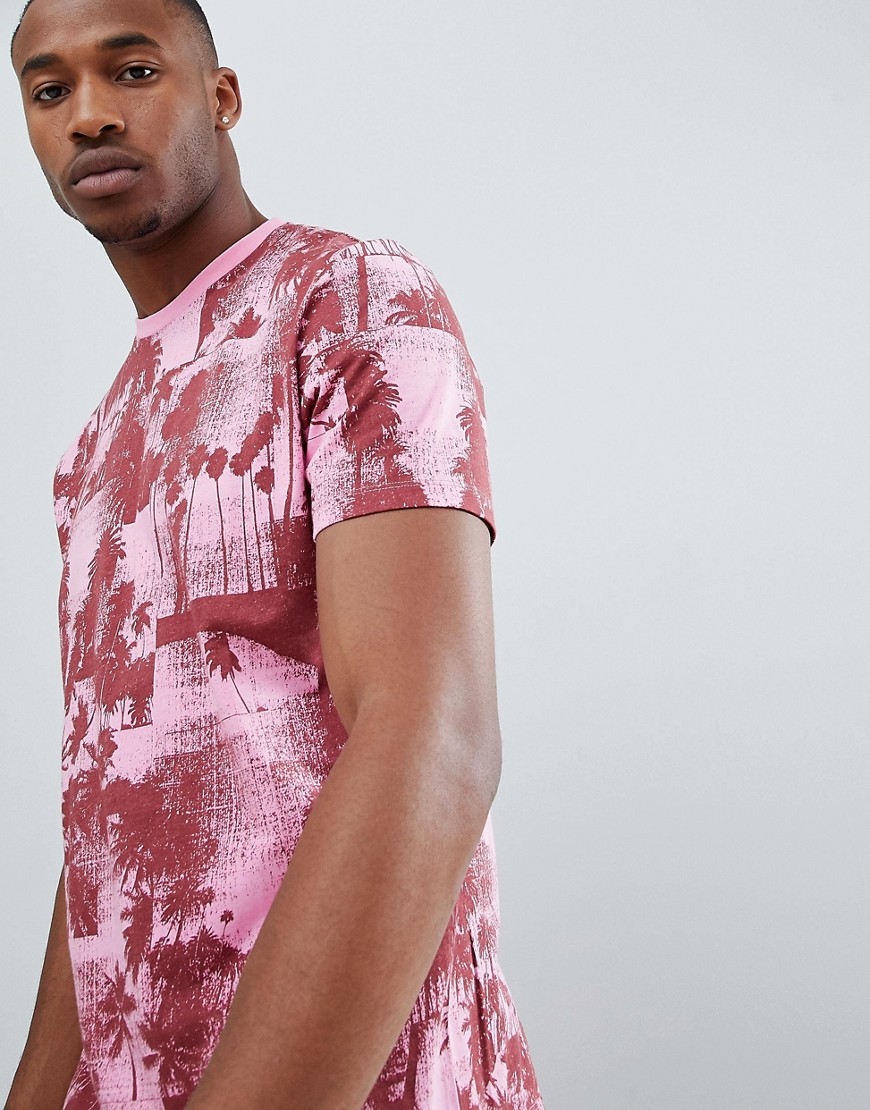 ASOS – Ledigt skuren t-shirt med heltäckande palmmönster-Rosa