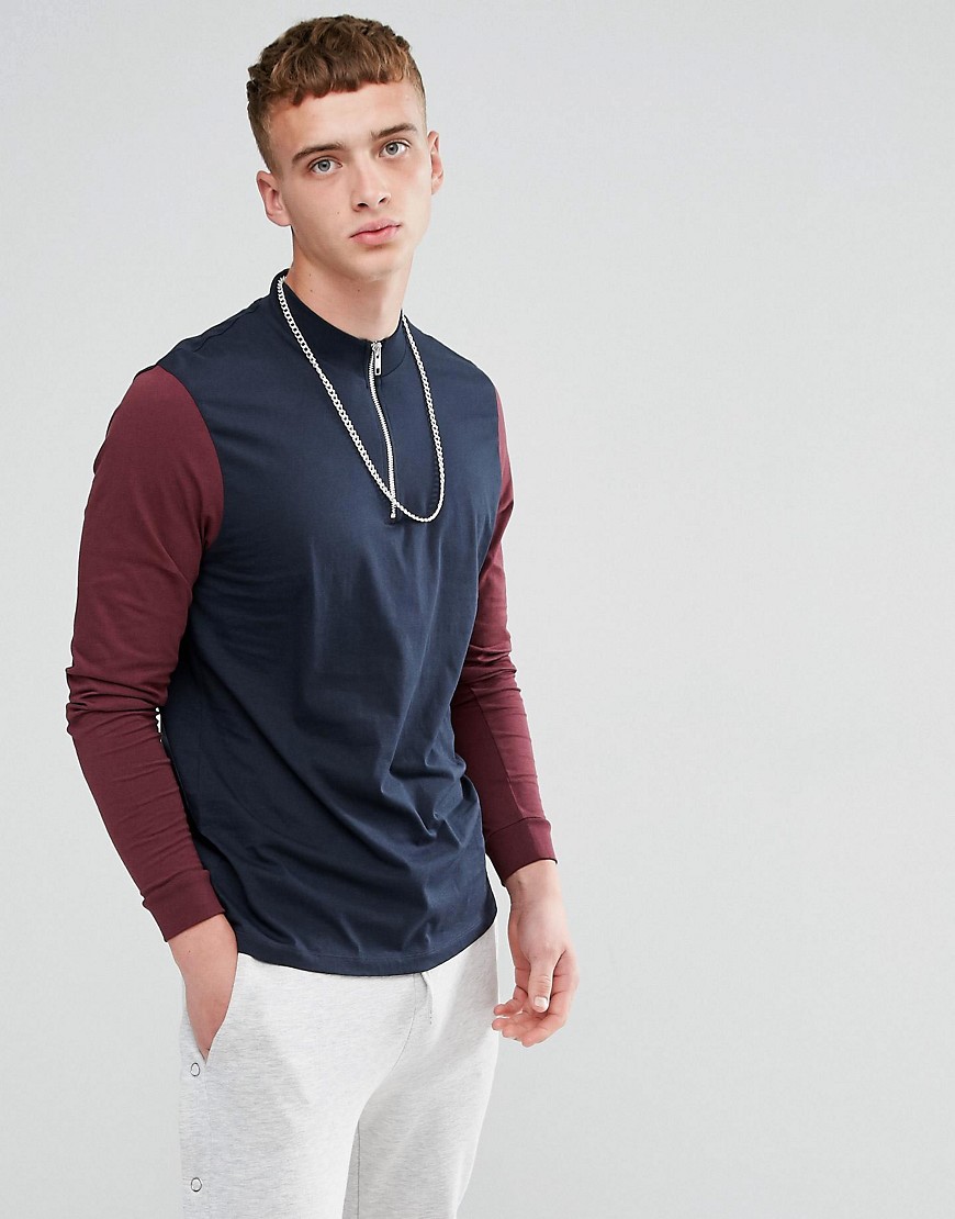 Asos Design – Legeres Shirt Mit Stehkragen Mit Reißverschluss Und Kontrastierenden, Langen Ärmeln- Mehrfarbig XXL