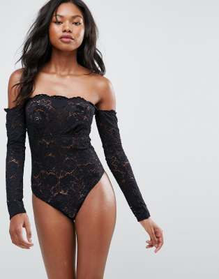 Black long sleeve lace insert high leg cupped body leg
