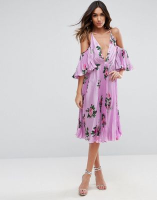 ASOS Lilac Floral Pleated Flutter Sleeve Midi Dress