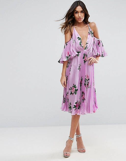 ASOS Lilac Floral Pleated Flutter Sleeve Midi Dress