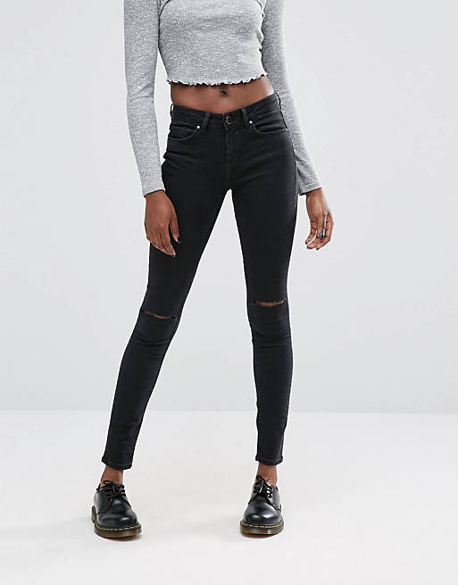 ASOS LISBON Skinny Mid Rise Jeans in Washed Black with Two Displaced Ripped Knees