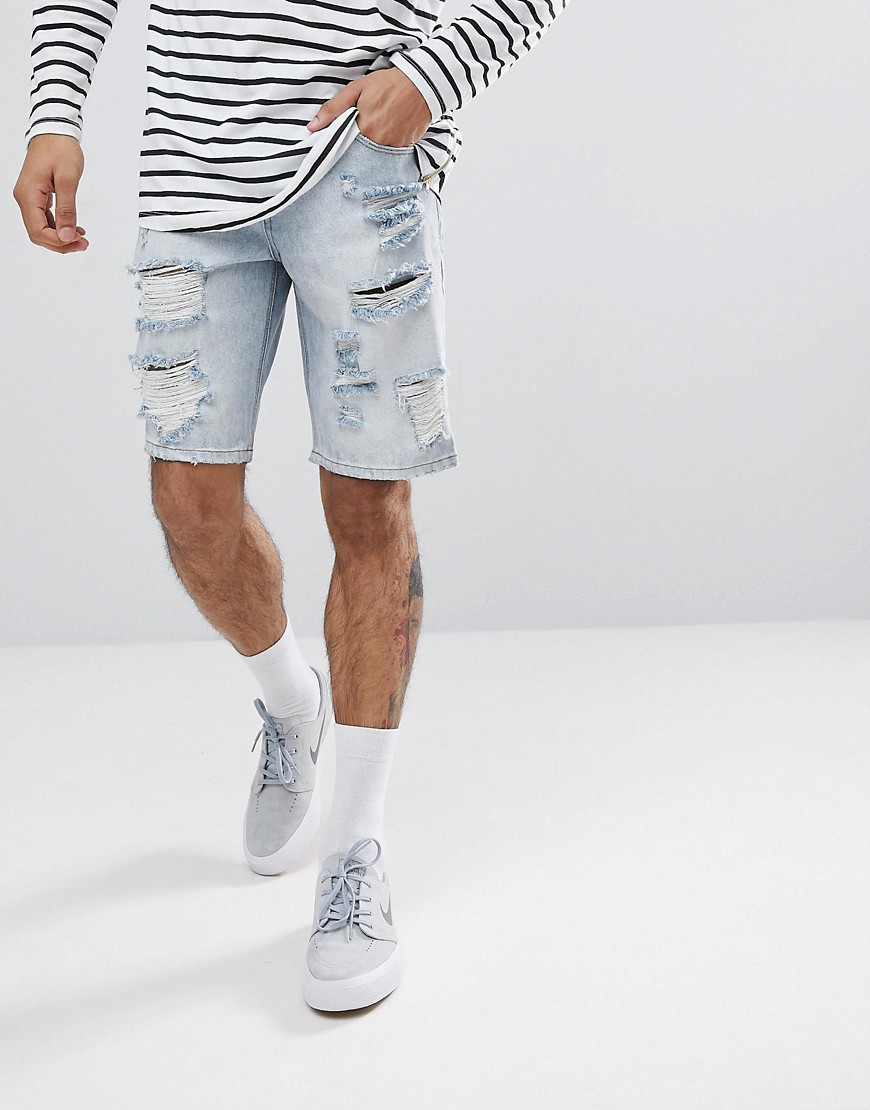 ASOS – Ljusa jeansshorts med smal passform och revor-Blå