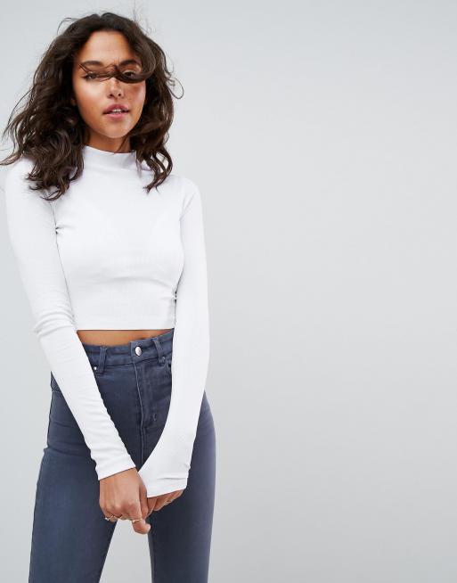 Keep You Interested White Ribbed Long Sleeve Crop Top