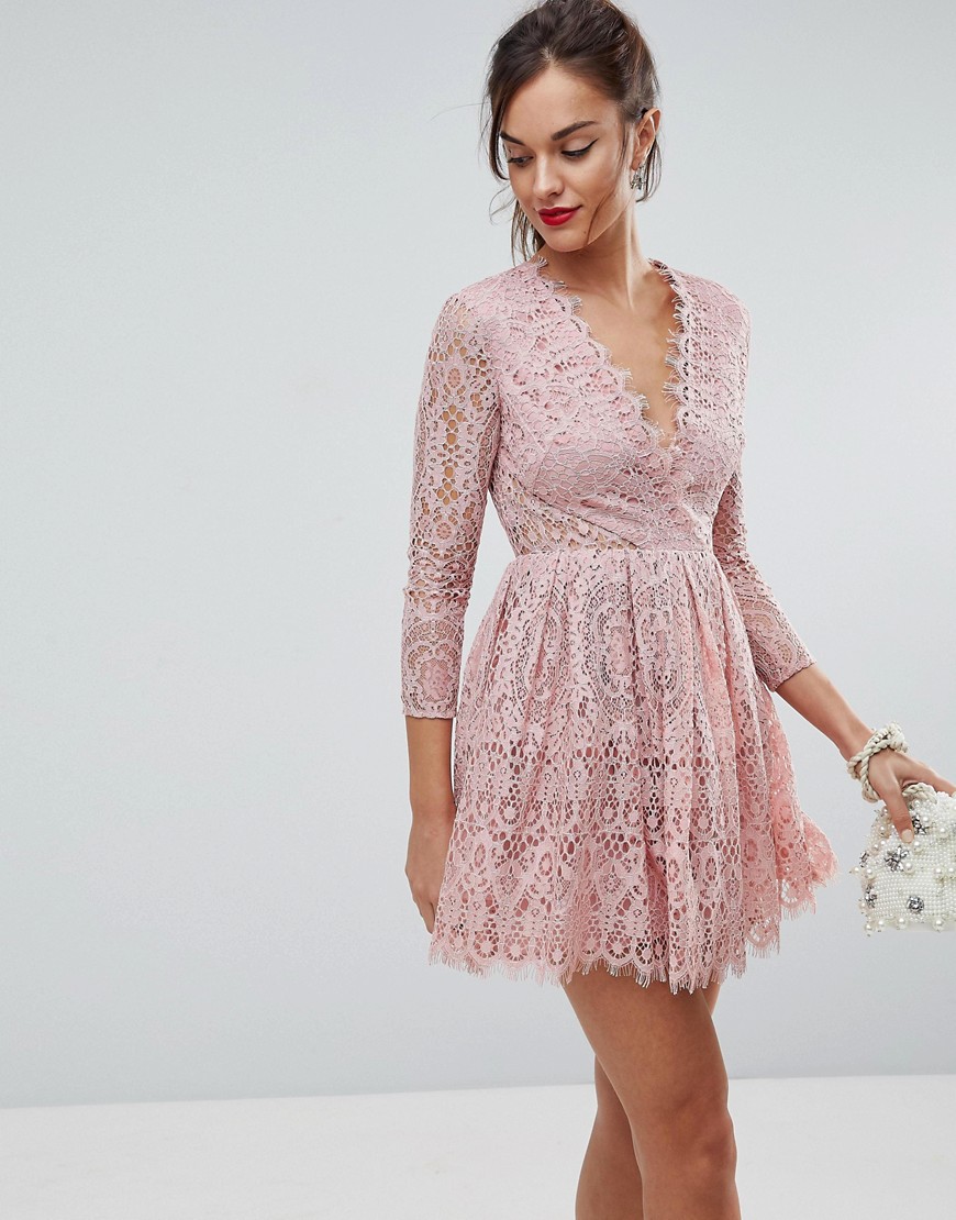ASOS Long Sleeve Lace Mini Prom Dress-Pink