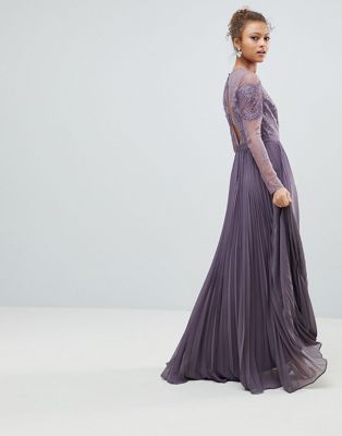 ASOS Long Sleeve Lace Pleated Maxi 