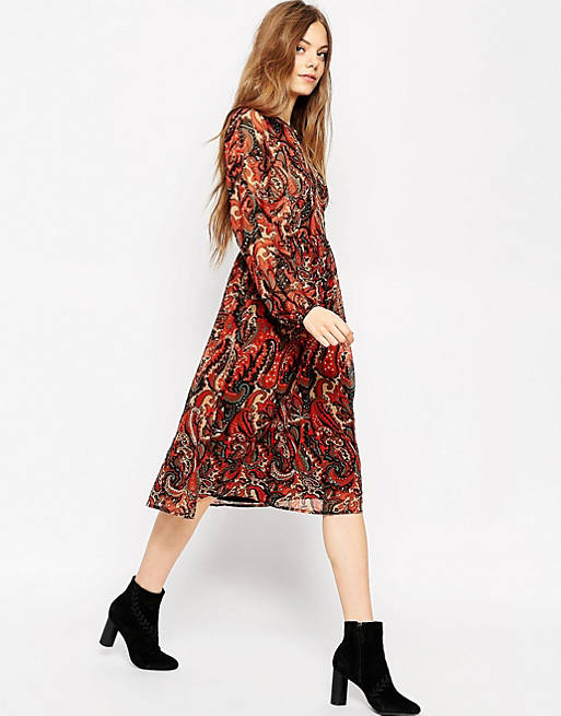 ASOS Long Sleeve Midi Dress In Folk Print With Embellishment