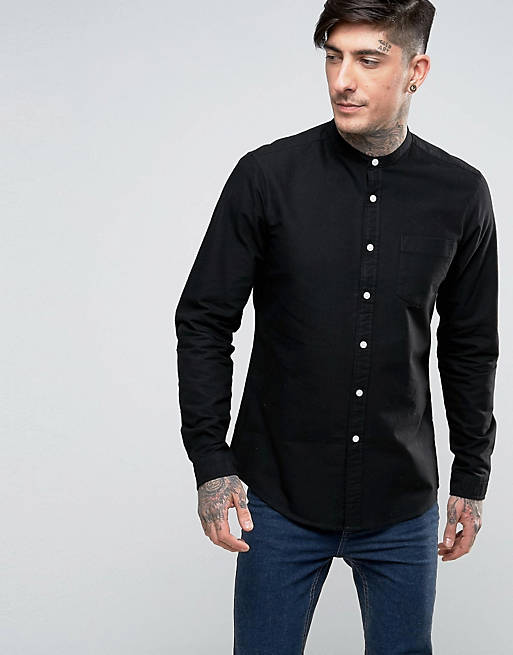 ASOS Long Sleeve Oxford Shirt With Grandad Neck In Black In Regular Fit