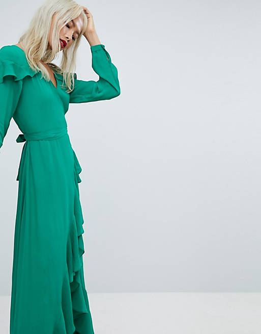 ASOS Long Sleeve Ruffle Wrap Maxi Tea Dress