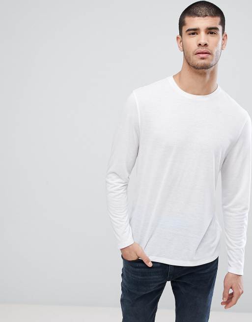 ASOS Long Sleeve T Shirt In Linen Mix In White ASOS