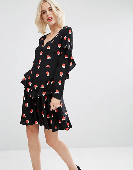 ASOS Long Sleeve Tea Dress With V Neck and Ruffle Tiered Hem in Heart Print