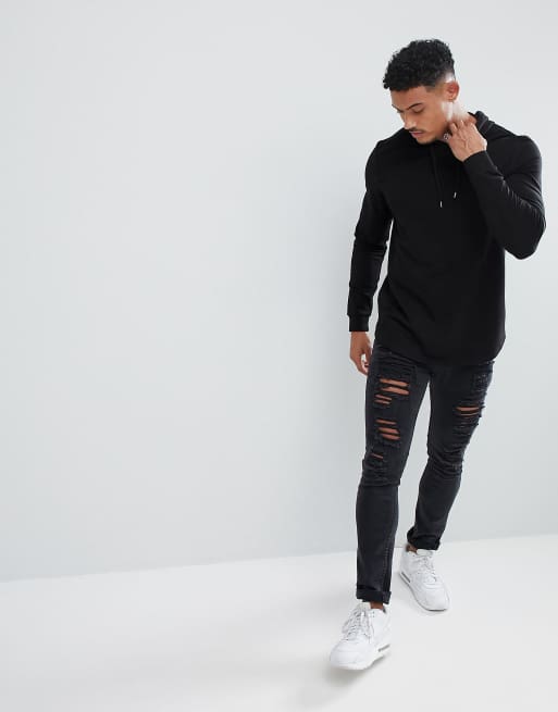 ASOS – Longline-huvtröja med muscle-passform och rundad nederkant i 2-pack svart/khaki SPARA, 4 av 4