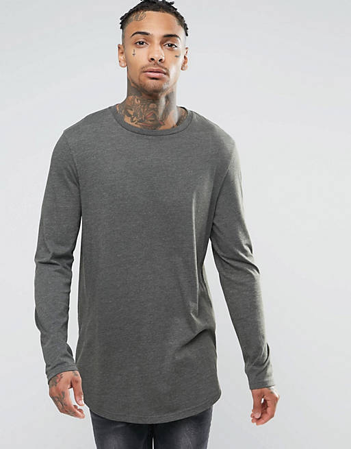 ASOS Longline Long Sleeve T-Shirt With Curve Hem And Zip In Khaki | ASOS