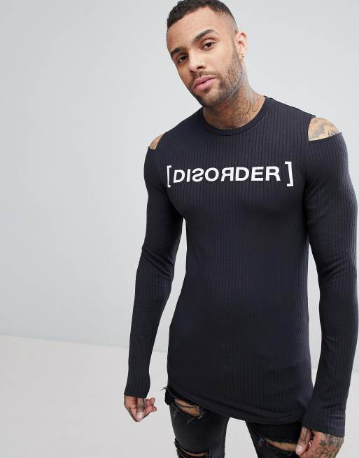 ASOS Longline muscle fit Long Sleeve Ribbed T-Shirt With Disorder Print &  Sleeve Cut Out