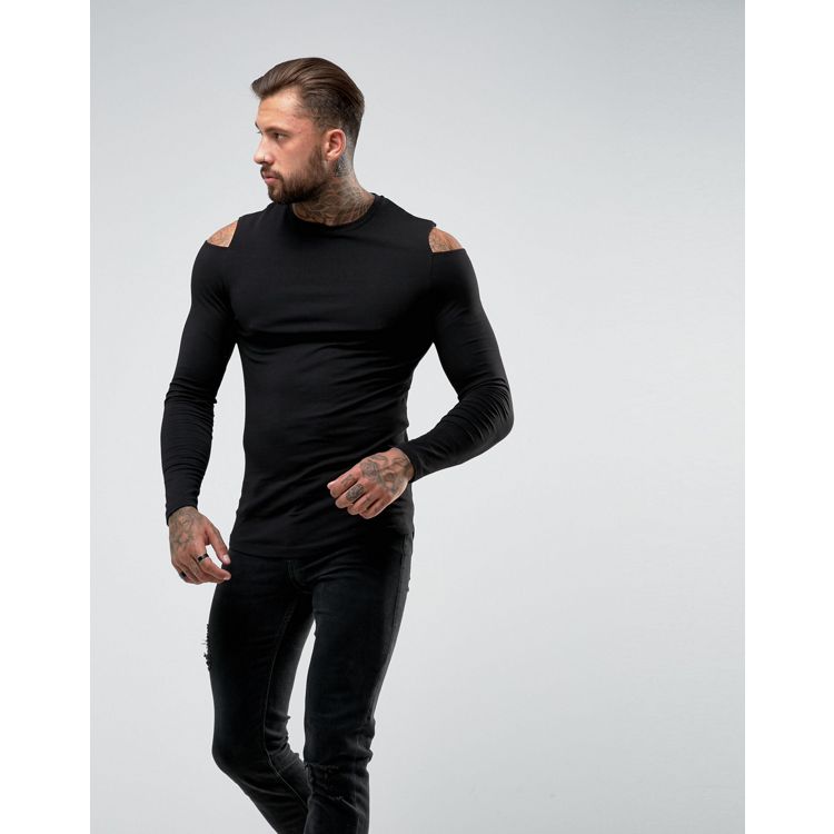 ASOS Longline muscle fit Long Sleeve T-Shirt With Sleeve Cut Out In Black