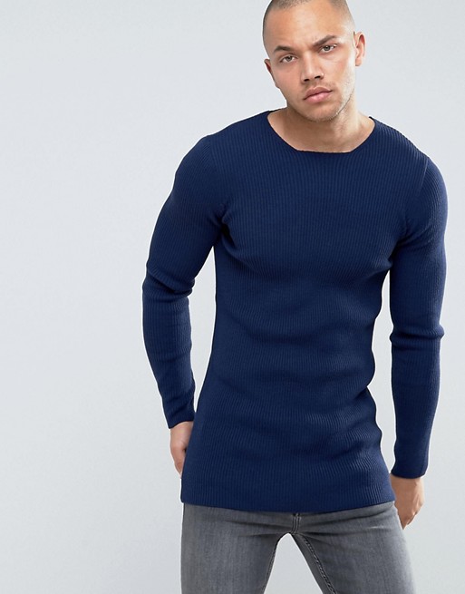 ASOS Longline Muscle Fit Ribbed Jumper in Navy | ASOS