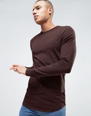 ASOS Longline Muscle Long Sleeve T-Shirt With Curved Hem In Oxblood