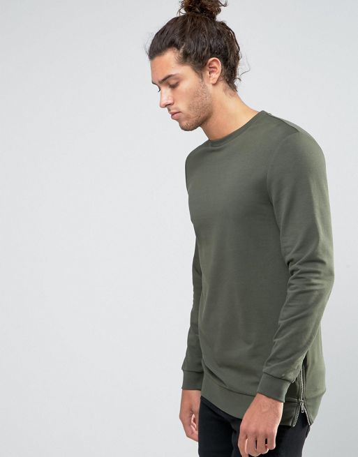 ASOS | ASOS Longline Muscle Sweatshirt With Side Zips In Khaki