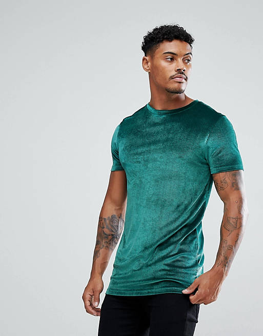 ASOS Longline Muscle T-Shirt In Rib Velour In Green