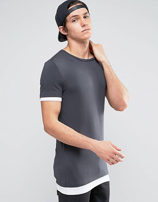 ASOS Longline Muscle T-Shirt With Contrast Cuff And Hem Extenders In Gray/White