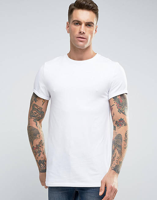 ASOS Longline Muscle T-Shirt With Roll Sleeve In White | ASOS