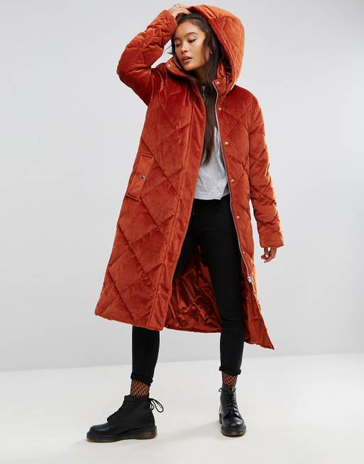 ASOS Longline Puffer Coat in Quilted Velvet