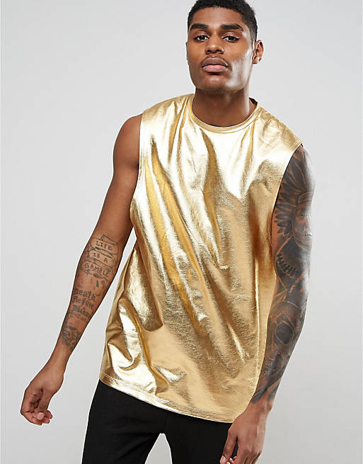 ASOS Longline Sleeveless T-Shirt In Metallic Gold With Dropped Armhole ...