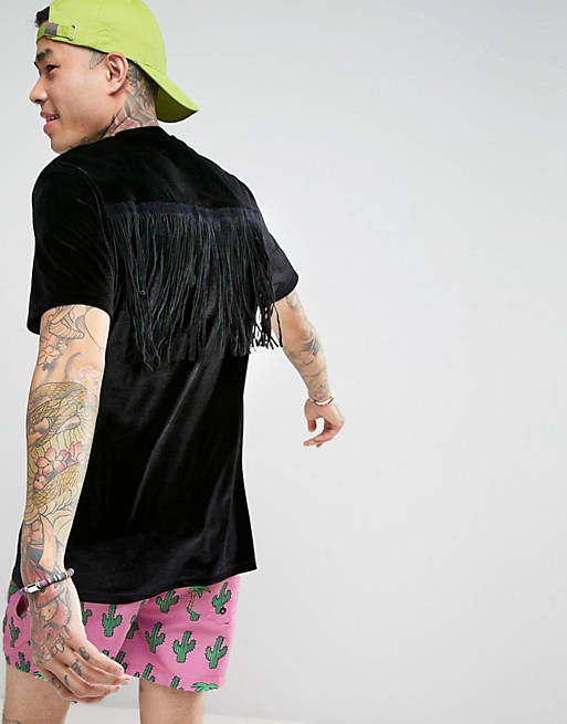 ASOS Longline T-Shirt In Black Velour With Fringe Back