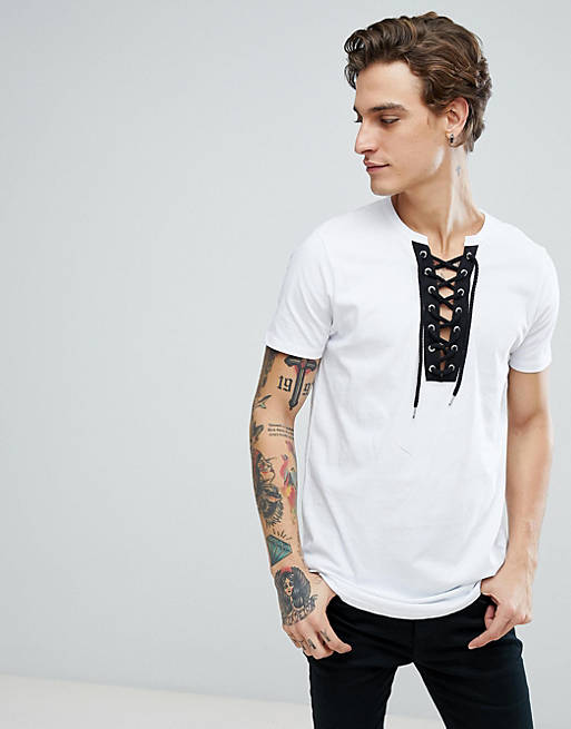 ASOS Longline T-Shirt With Curved Hem And Deep V Contrast Lace Up Neck ...