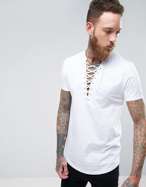 ASOS | ASOS Longline T-Shirt With Deep Lace Up Neck And Curve Hem