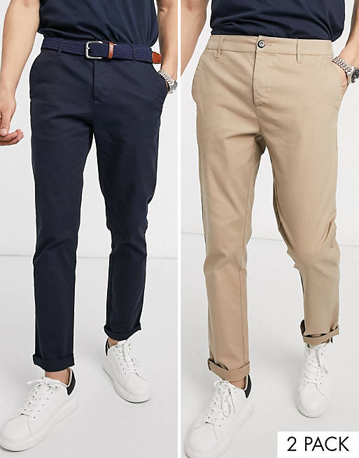 ASOS - Lot de 2 pantalons chino ajustés - Bleu marine et taupe - Économie