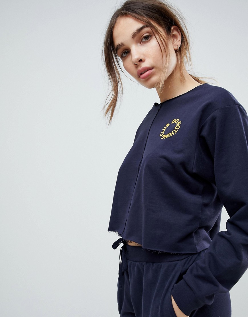 Asos Design Asos Lounge Embroidered 'do Nothing Club' Front Seam Sweat-navy In Blue