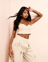 ASOS LUXE Curve beach ruched bralette with tiered sheer sleeves and skirt  set in white