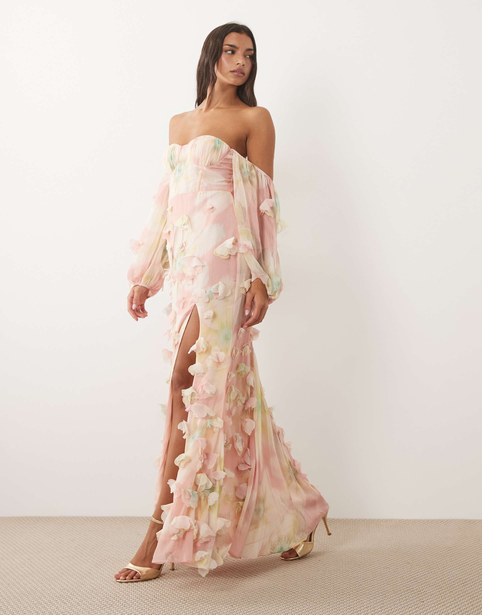 asos luxe 3d floral bandeau maxi dress in floral print