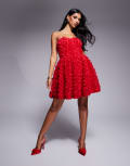 [ASOS LUXE] ASOS LUXE 3D floral bandeau skater mini dress in cherry red-Multi 12 MULTI
