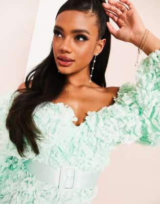 ASOS LUXE 3D floral bardot mini dress in mint | ASOS