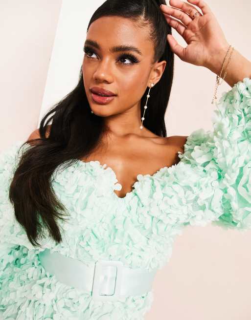 ASOS LUXE 3D floral bardot mini dress in mint