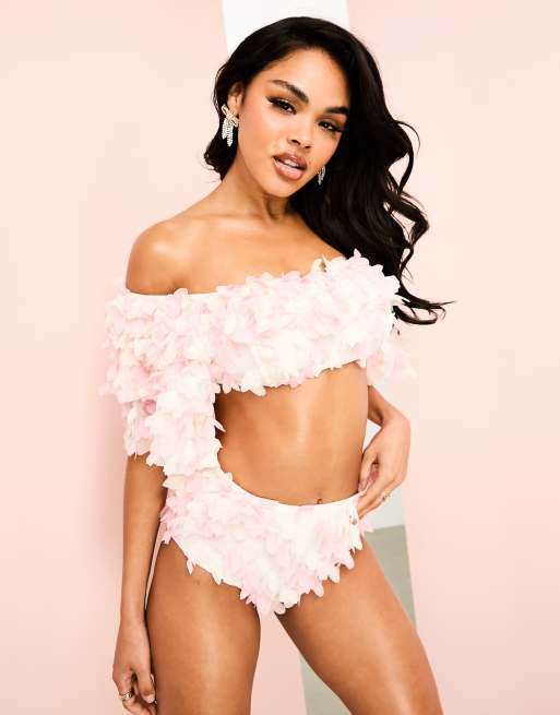 ASOS LUXE 3D floral bikini top in white