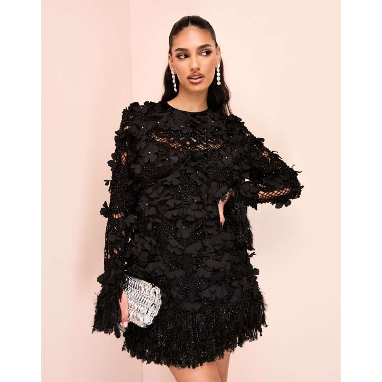 ASOS LUXE faux feather trim one shoulder embellished mini dress in