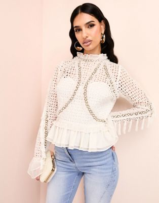 ASOS LUXE 3D floral embellished cotton broderie top with organza peplum hem in white