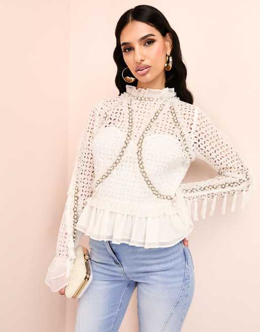 ASOS DESIGN cropped long sleeve crochet top with peplum hem in