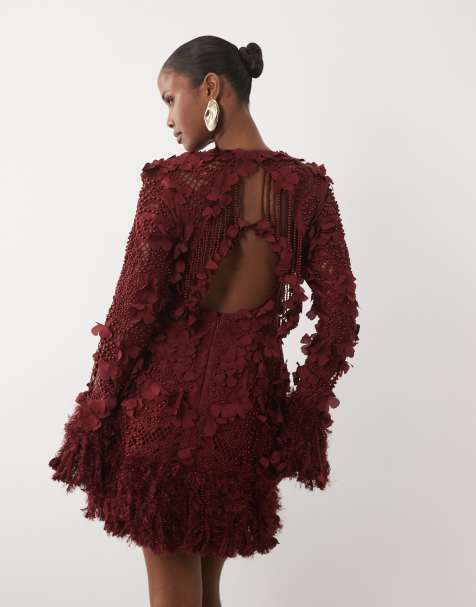 ASOS LUXE 3D floral embellished eyelet mini dress with faux-feather trim in burgundy - view 1