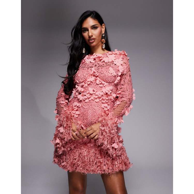 ASOS LUXE 3D floral embellished eyelet mini dress with faux feather trim in  pink | ASOS