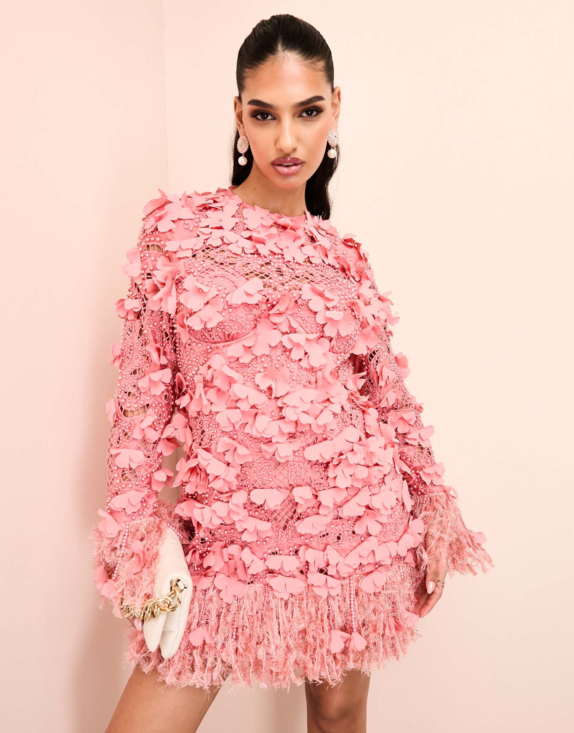 asos luxe 3d floral embellished eyelet mini dress with faux feather trim in pink