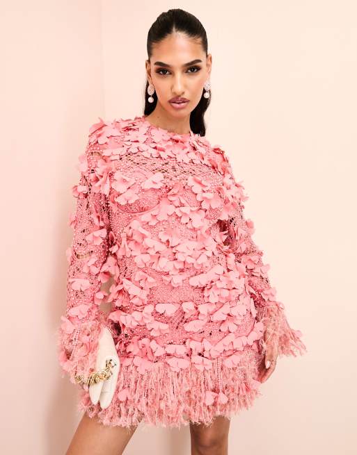 ASOS LUXE 3D floral embellished eyelet mini dress with faux feather trim in pink